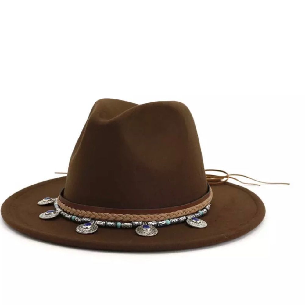 Brim Brown Fedora Hat Colorful Metal Medallion Concho Leather Band Wide NEW